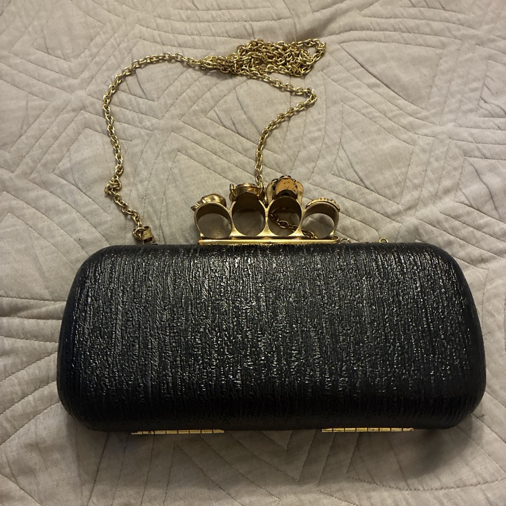 JustFab Black Textured Clutch with Gold Chain